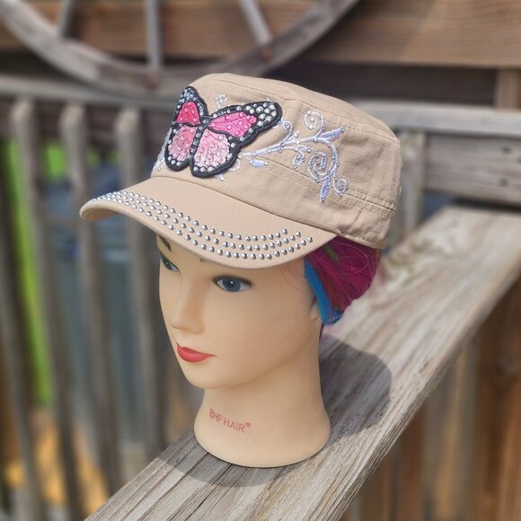 Ladies Khaki Butterfly BLING Hat NEW - Picture 3 of 4
